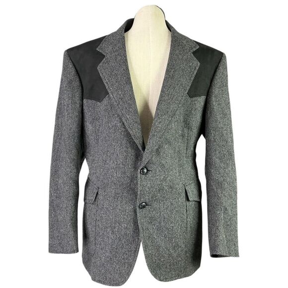 Pendleton Western Blazer Mens 44 Gray Black Tweed Wool Suede Cowboy Sport Coat - Picture 1 of 12